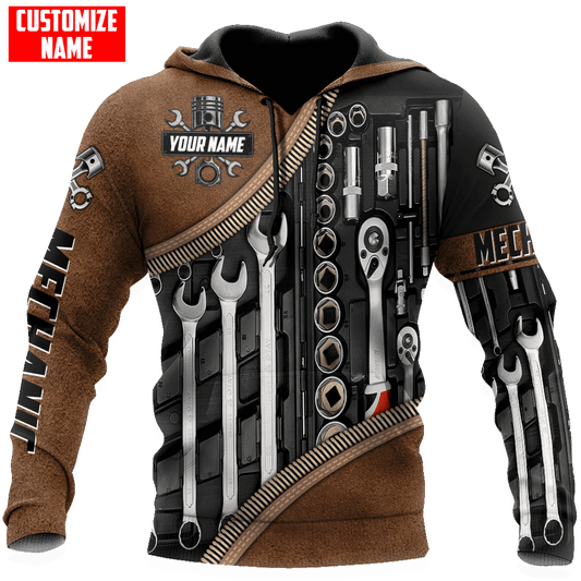 Personalisierte Name Lustige Mechaniker 3D Unisex Shirts Werkzeug Box Braun Und Schwarz