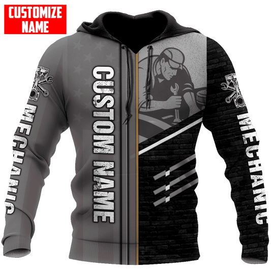 Personalisierte Name Lustige Mechaniker 3D Unisex Shirts Schwarz Und Grau