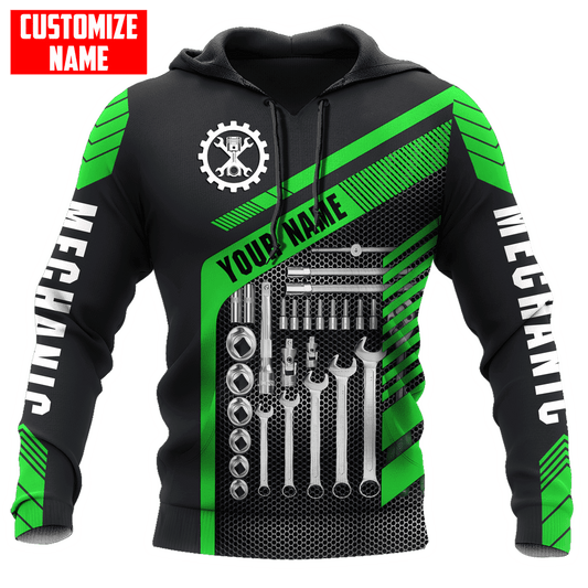 Personalisierte Name Lustige Mechaniker 3D Unisex Shirts Werkzeug Box Schwarz Und Grün