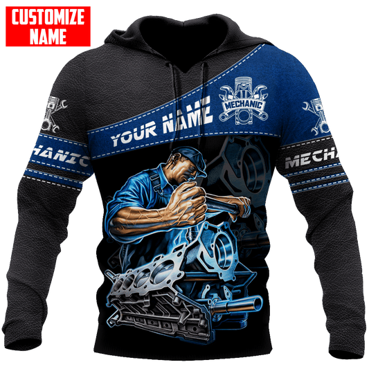 Personalized Name Funny Mechanic 3D Unisex Shirts Black And Blue