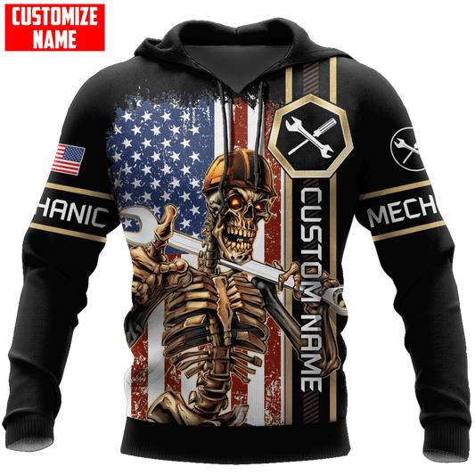 T-shirt unisexe 3D avec nom personnalisé et drôle de mécanicien, drapeau américain, clé squelette