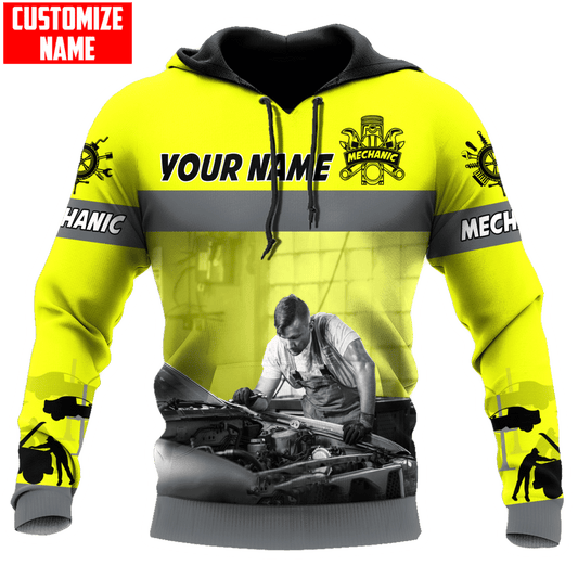 Personalized Name Funny Mechanic 3D Unisex Shirts Yellow