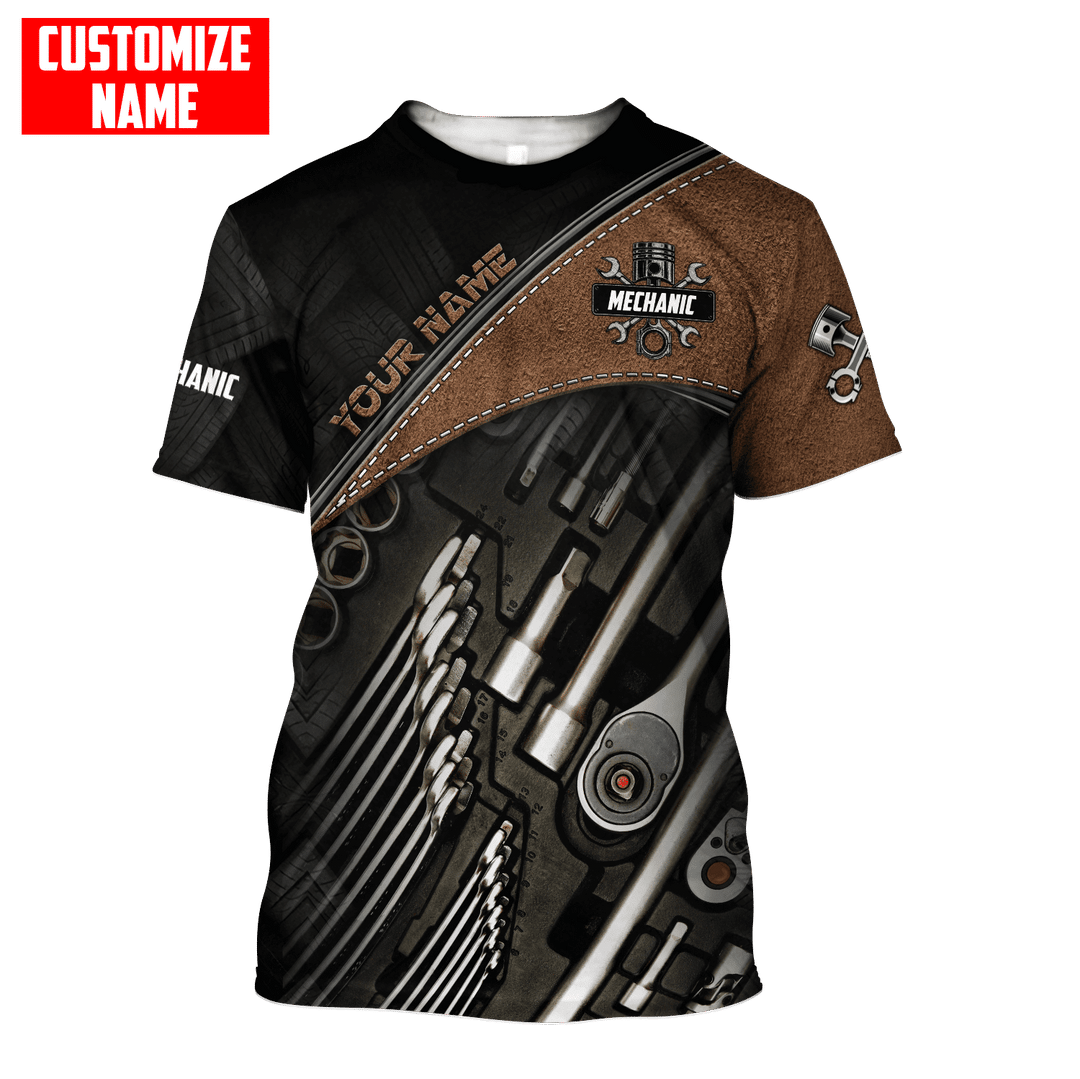 Personalisierte Name Lustige Mechaniker 3D Unisex Shirts Werkzeug Box Schwarz Und Braun