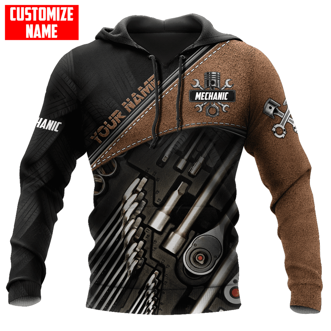 Personalisierte Name Lustige Mechaniker 3D Unisex Shirts Werkzeug Box Schwarz Und Braun