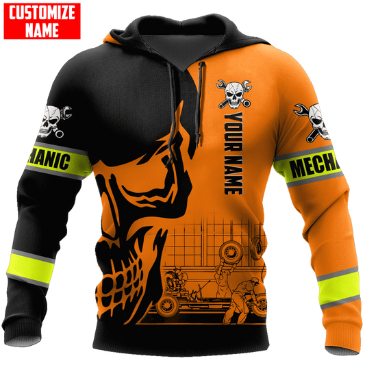 Personalized Name Funny Mechanic 3D Unisex Shirts Skull Orange