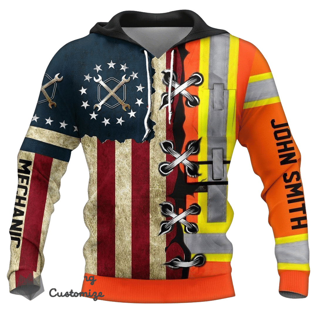 Personalized Name Funny Mechanic 3D Unisex Shirts American Flag Orange