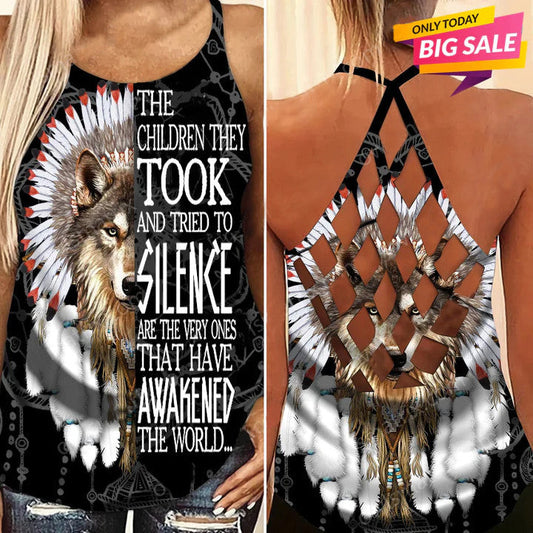 Wolf Every Child Matters Criss Cross Tank Top Damenbekleidung Merch Die Kinder, die sie mitnahmen 