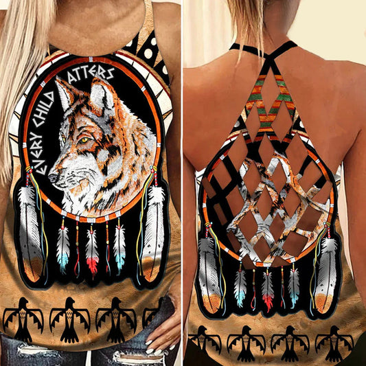 Wolf Every Child Matters Cross Tank Top For Women Orange Shirt Day Movement Clothing