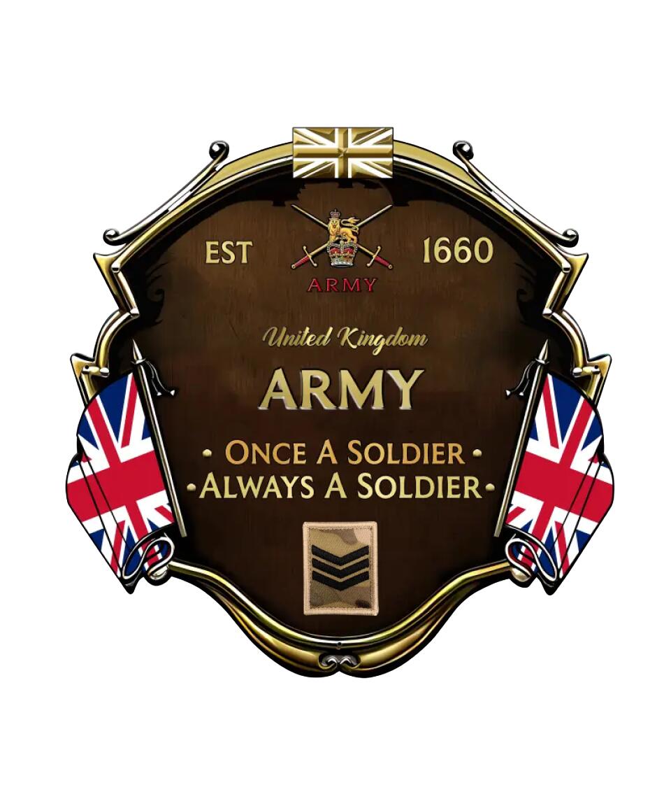 Personalized Rank United Kingdom Soldier/Veterans Camo Cut Metal Sign - 0102240003