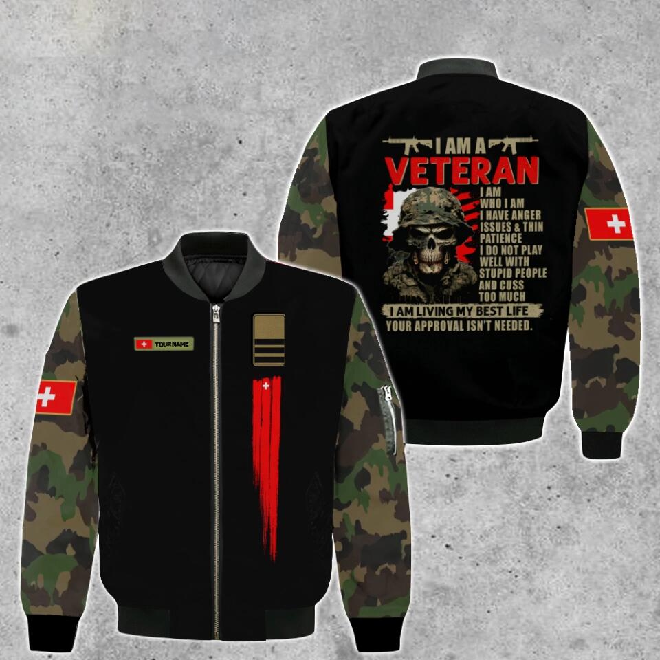 Personalisierte Bomberjacke mit Schweizer Soldaten-/Veteranen-Tarnmuster und Namen und Rang, 3D-Druck – 0903230002