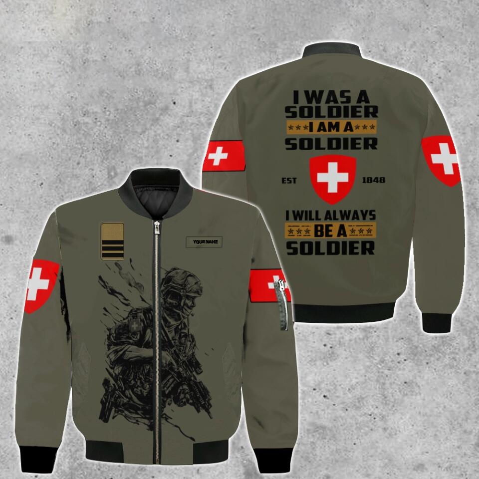 Personalisierte Bomberjacke mit Schweizer Soldaten-/Veteranen-Tarnmuster und Namen und Rang, 3D-Druck – 0103230003