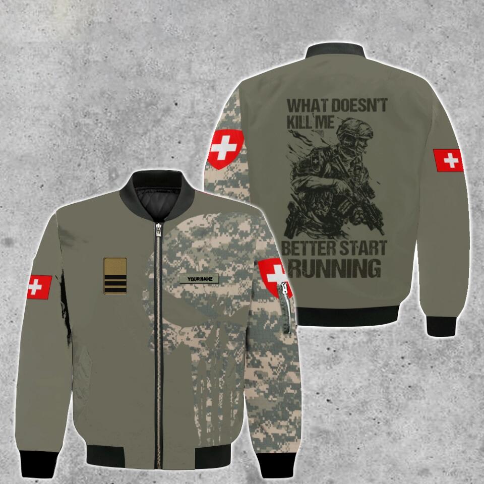 Personalisierte Bomberjacke mit Schweizer Soldaten-/Veteranen-Tarnmuster und Namen und Rang, 3D-Druck – 0103230001