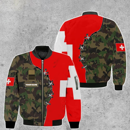 Personalisierte Bomberjacke mit Schweizer Soldaten-/Veteranen-Tarnmuster und Namen und Rang, 3D-Druck – 1701230001