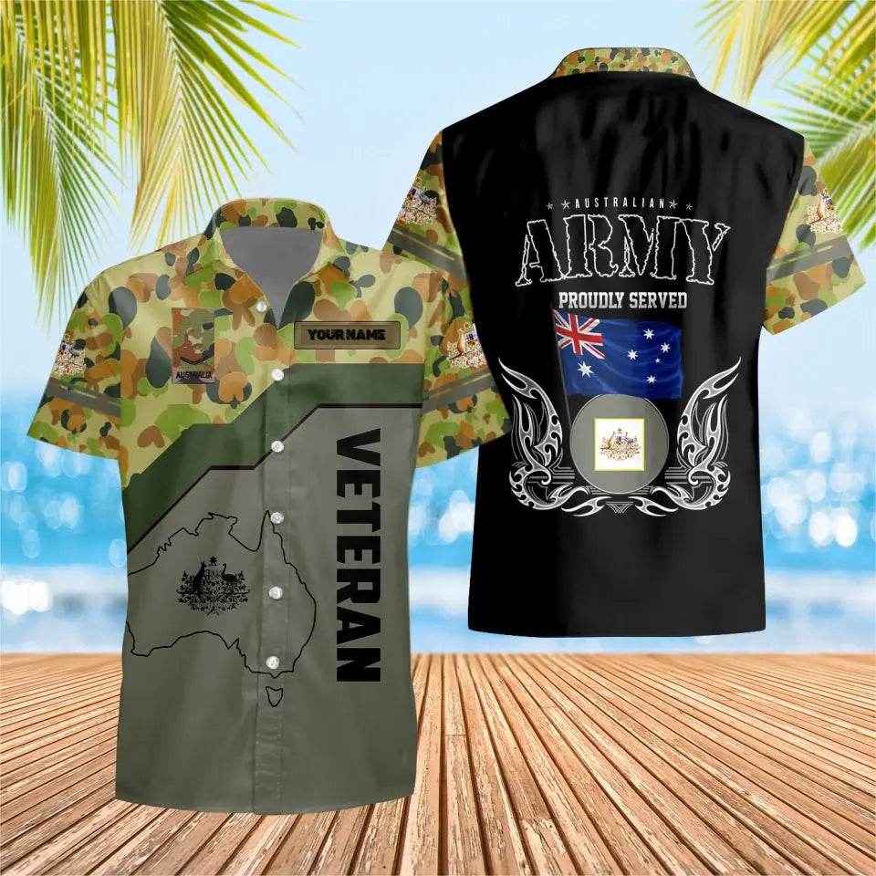 T-shirt Hawaïen personnalisé avec camouflage de soldat/vétéran australien avec nom et grade imprimé en 3D - 0604230001