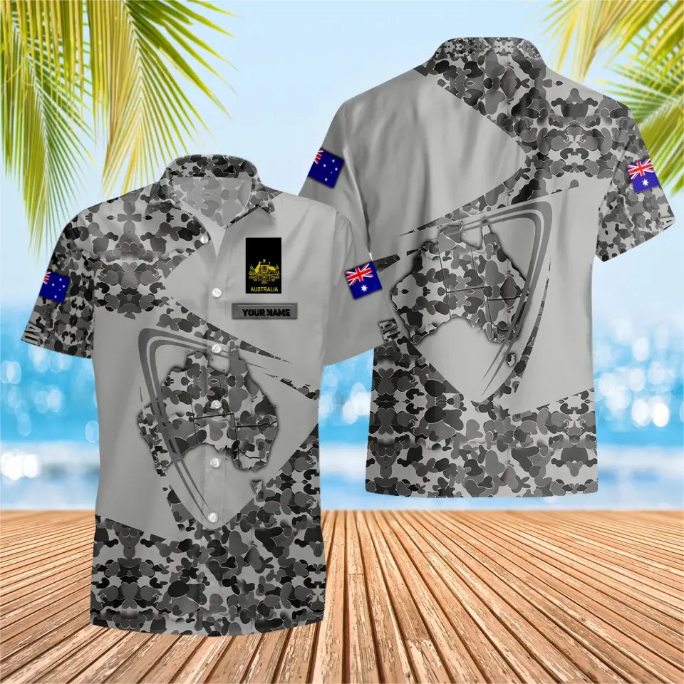 T-shirt Hawaïen personnalisé avec camouflage de soldat/vétéran australien avec nom et grade imprimé en 3D - 0604230005