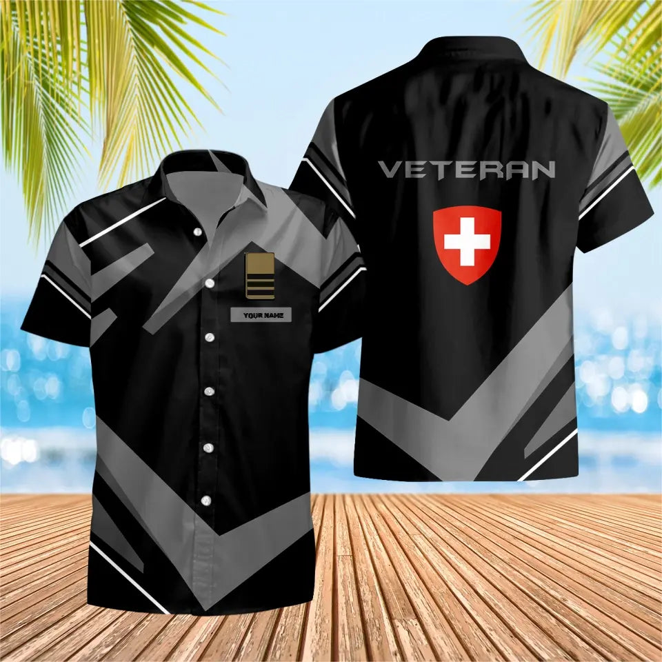 Personalisiertes Schweizer Soldat/Veteranen-Tarnhemd mit Namen und Rang, Hawaii-Hemd, 3D-Druck – 0404230004