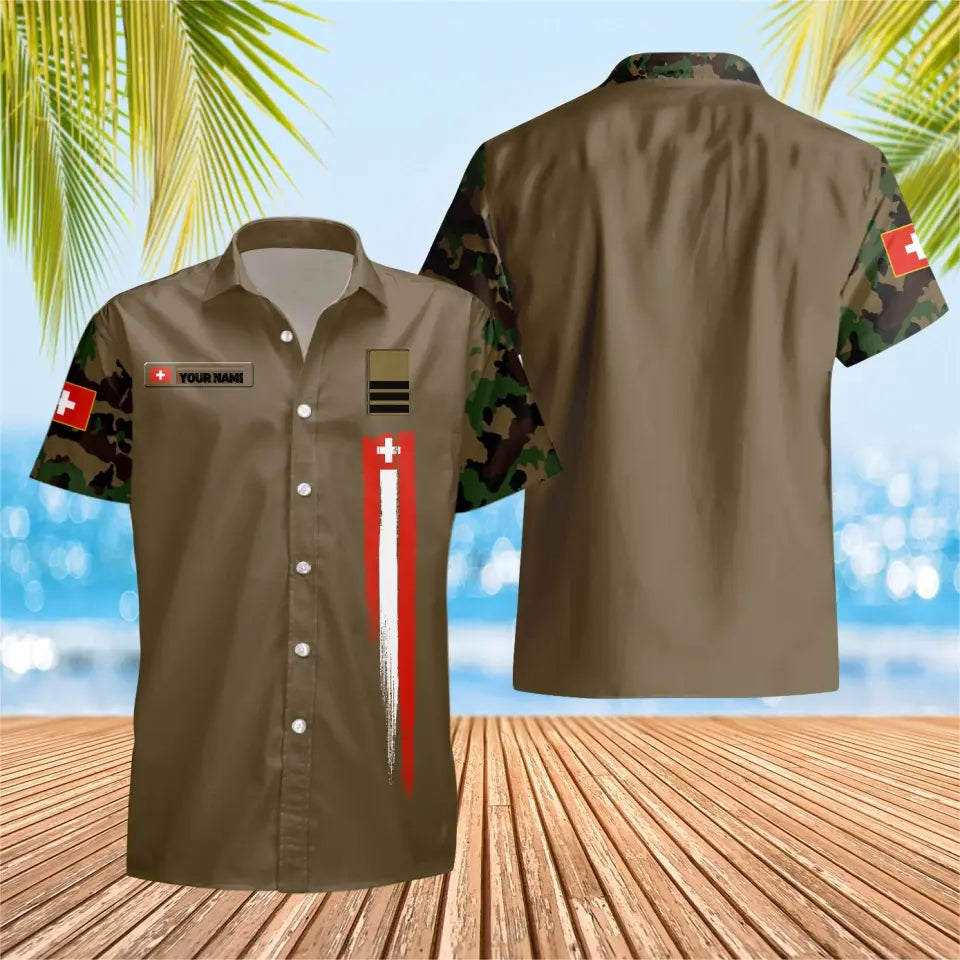 T-shirt Hawaï personnalisé avec camouflage soldat suisse/vétéran avec nom et grade imprimé en 3D - 0903230001