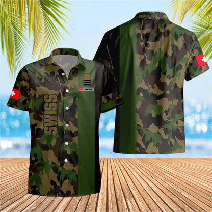 T-shirt Hawaï personnalisé avec camouflage soldat suisse/vétéran avec nom et grade imprimé en 3D - 0903230005