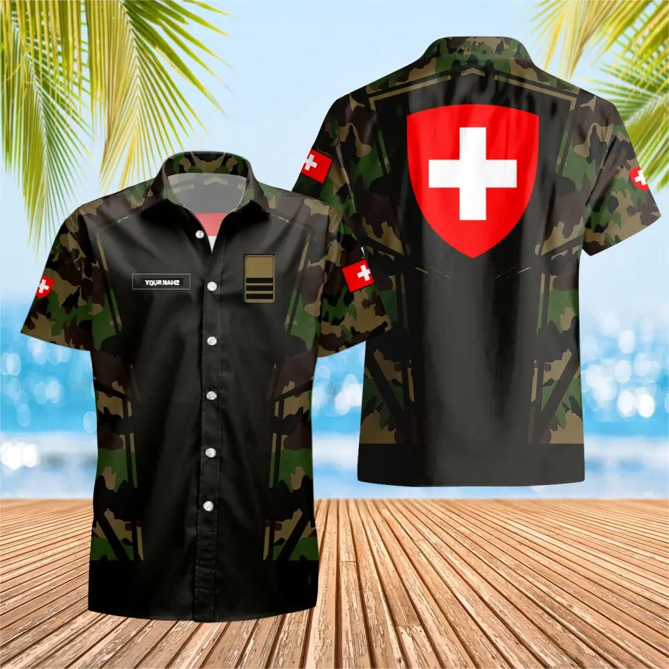 T-shirt Hawaï personnalisé avec camouflage soldat suisse/vétéran avec nom et grade imprimé en 3D - 1403230001