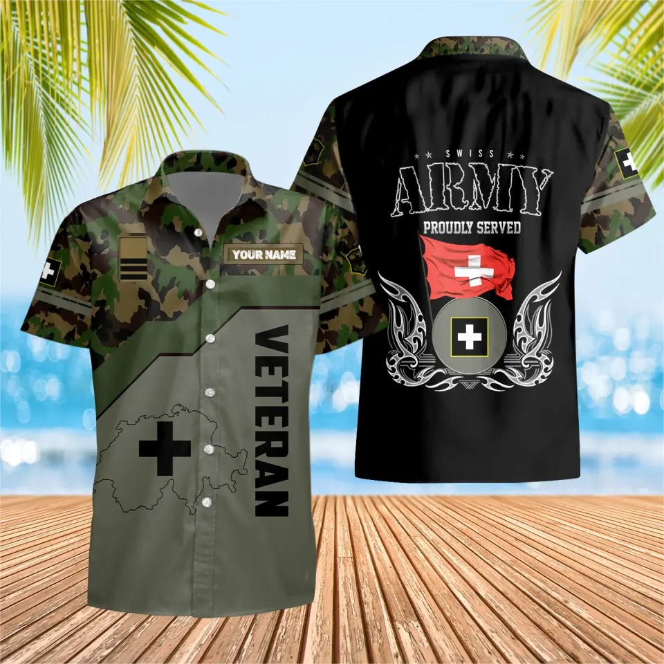 T-shirt Hawaï personnalisé avec camouflage soldat suisse/vétéran avec nom et grade imprimé en 3D - 0501230003