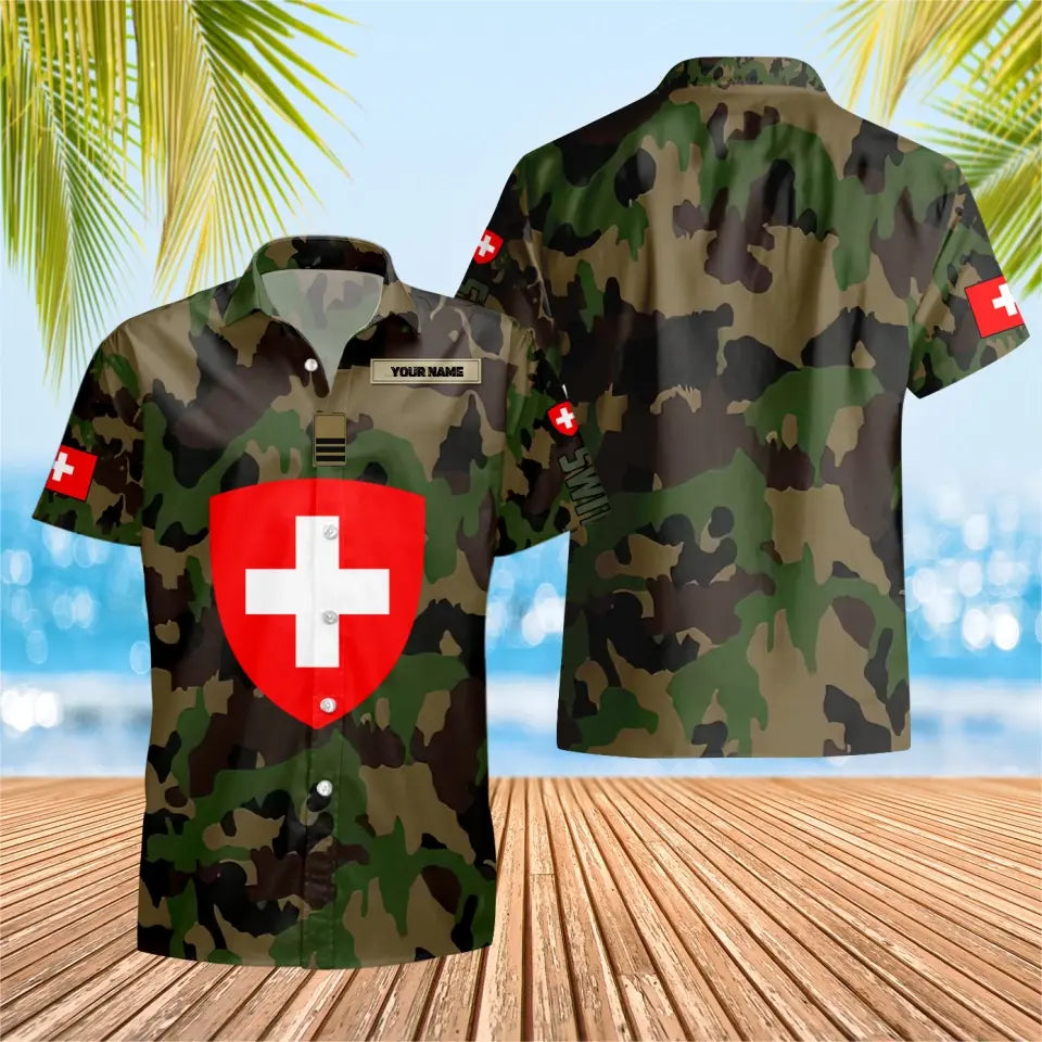 T-shirt Hawaï personnalisé avec camouflage soldat suisse/vétéran avec nom et grade imprimé en 3D - 3003230001