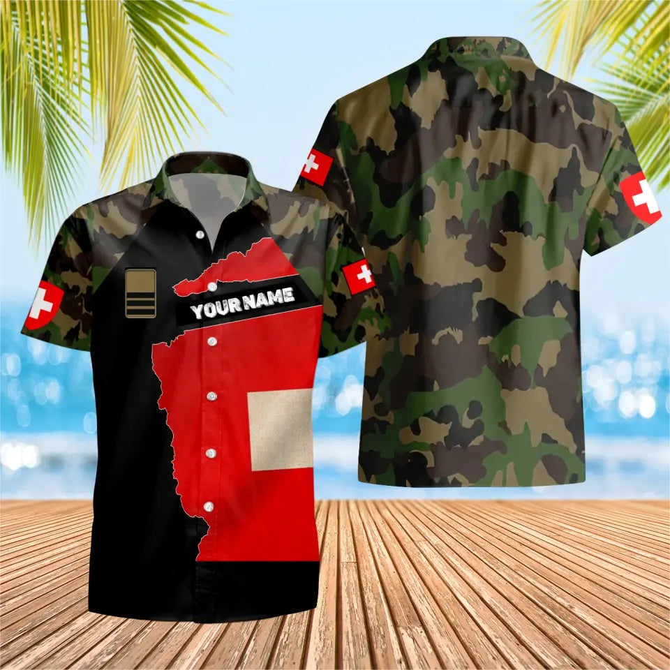 T-shirt Hawaï personnalisé avec camouflage soldat suisse/vétéran avec nom et grade imprimé en 3D - 1303230001