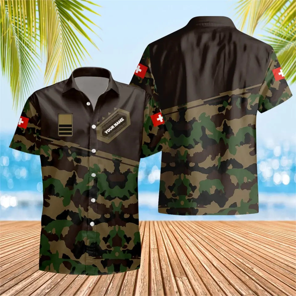 T-shirt Hawaï personnalisé avec camouflage soldat suisse/vétéran avec nom et grade imprimé en 3D - 1701230004