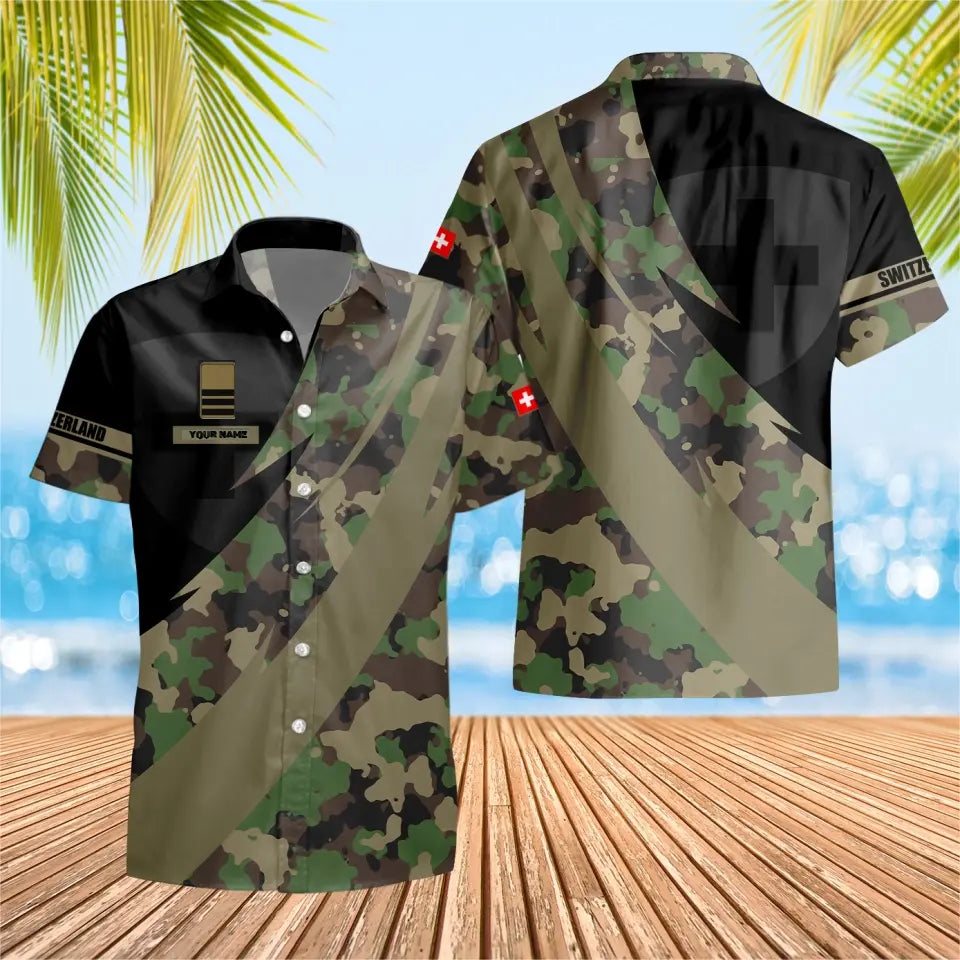 T-shirt Hawaï personnalisé avec camouflage soldat suisse/vétéran avec nom et grade imprimé en 3D - 3004230002