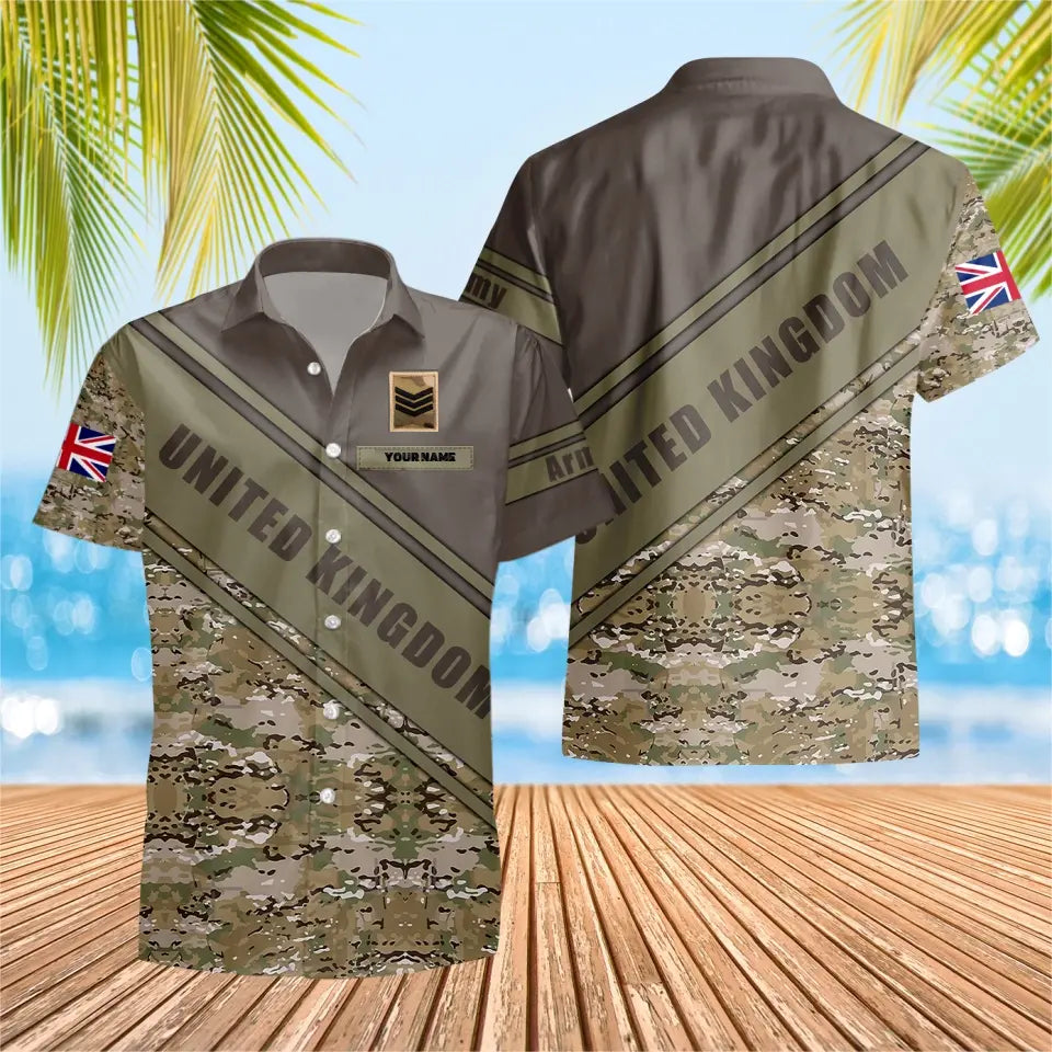 T-shirt Hawaïen personnalisé avec camouflage soldat/vétéran britannique avec nom et grade imprimé en 3D - 3004230001