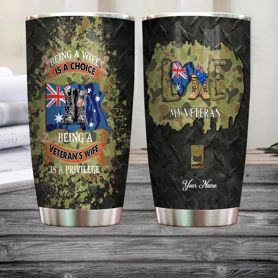 Verre personnalisé à motif camouflage pour vétéran/soldat australien avec rang et nom, imprimé sur toute la surface 0302240020