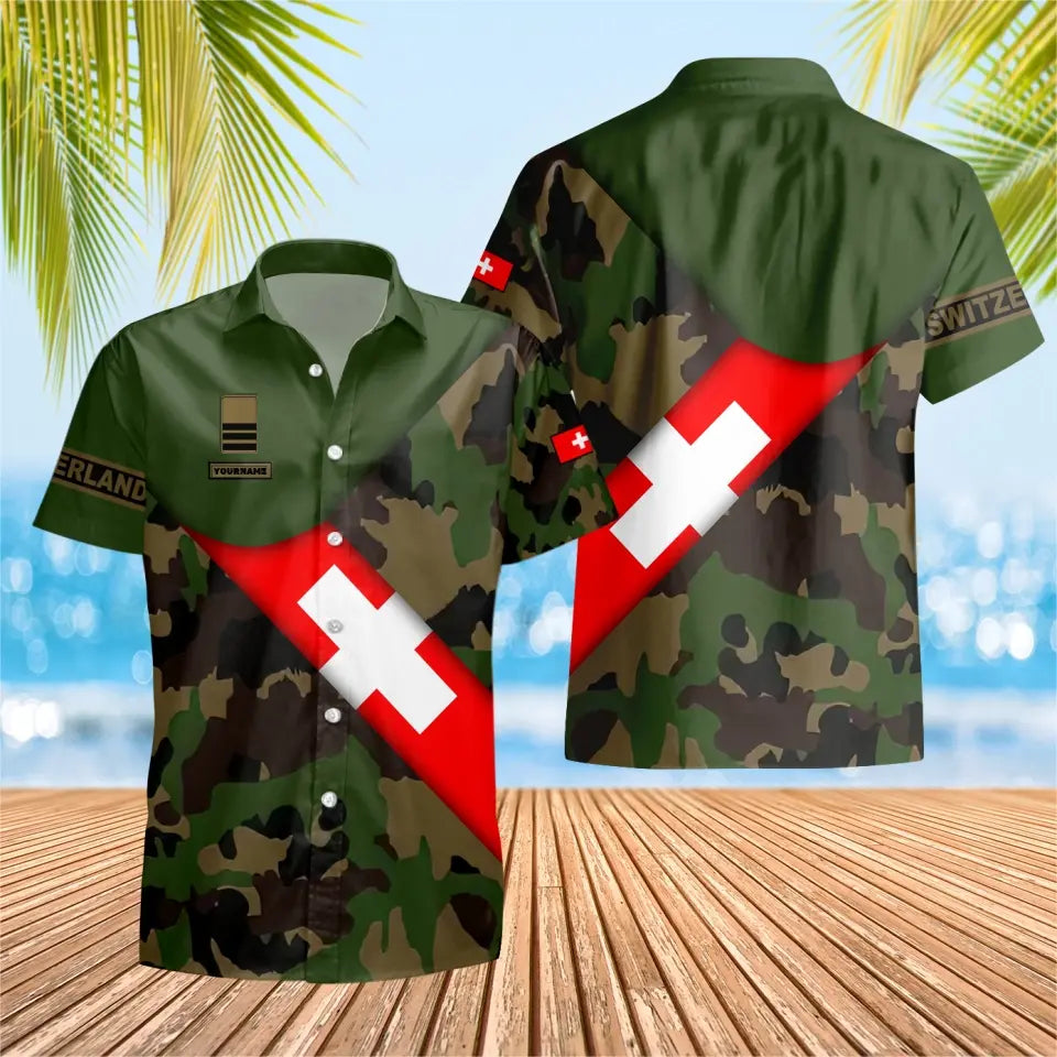 T-shirt Hawaï personnalisé avec camouflage soldat suisse/vétéran avec nom et grade imprimé en 3D - 0805230003