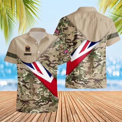 T-shirt Hawaïen personnalisé avec camouflage soldat/vétéran britannique avec nom et grade imprimé en 3D - 0805230003