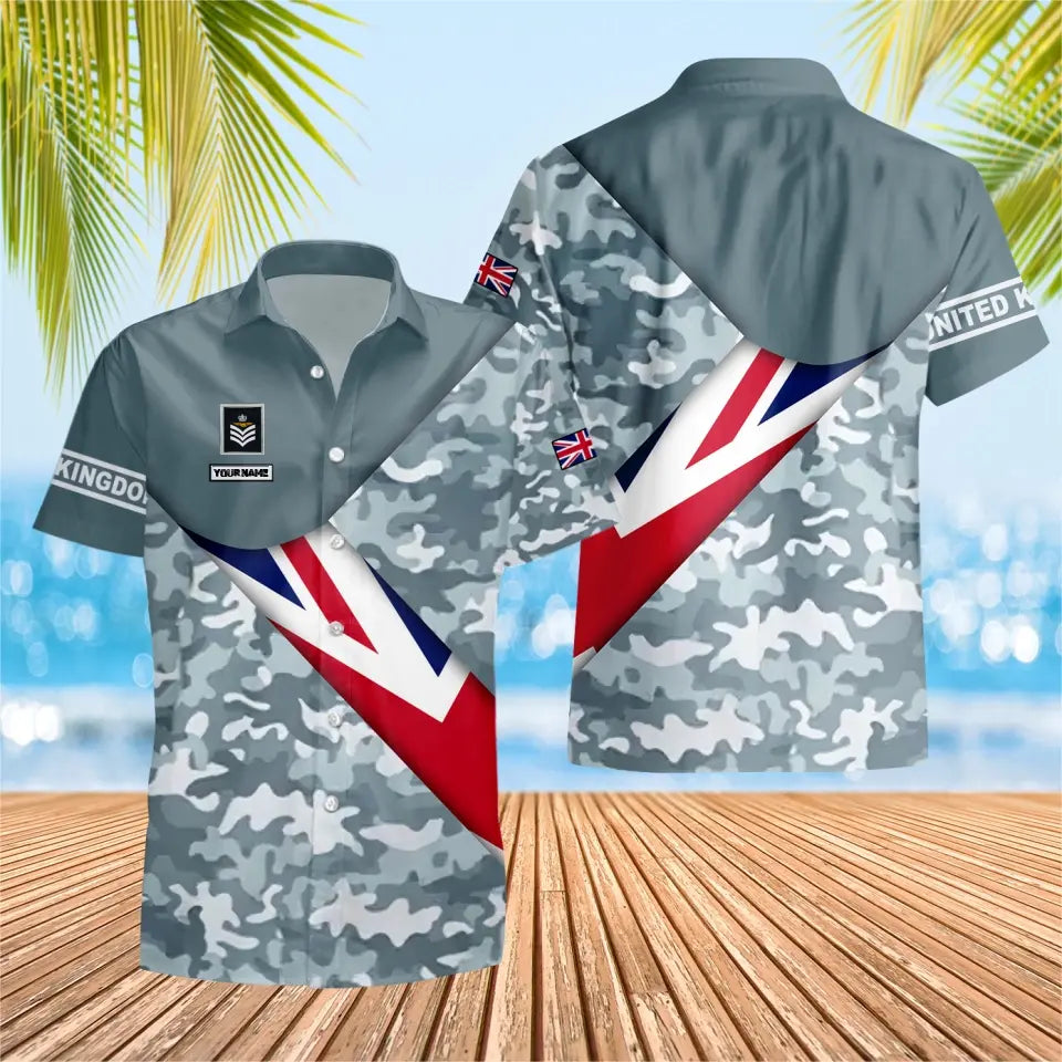 T-shirt Hawaïen personnalisé avec camouflage soldat/vétéran britannique avec nom et grade imprimé en 3D - 0805230003