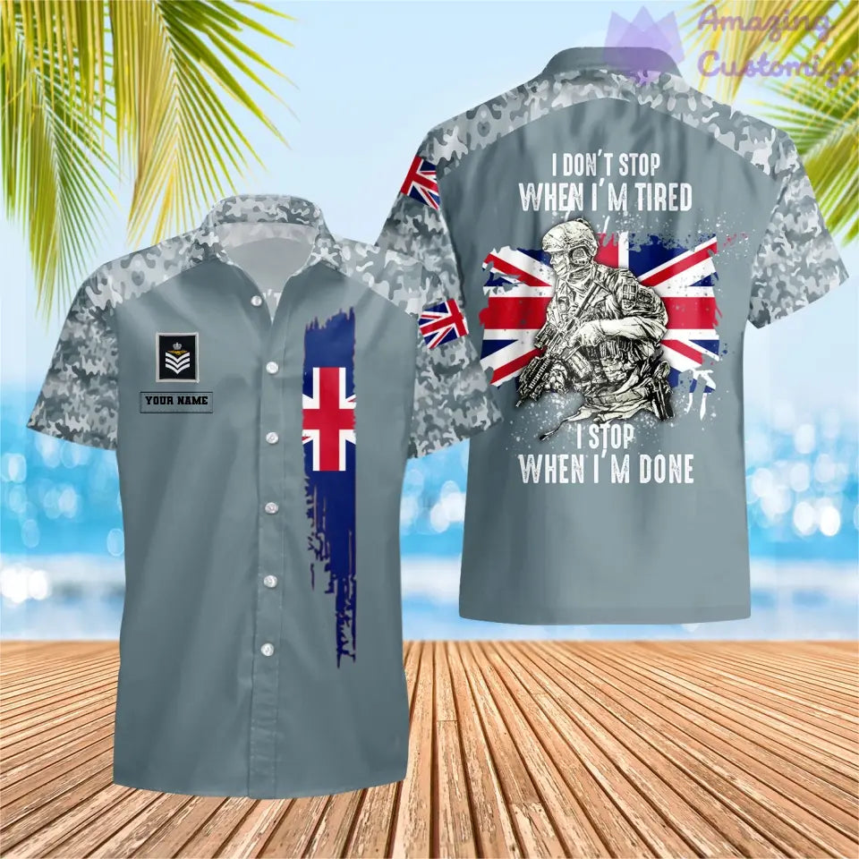 T-shirt Hawaïen personnalisé avec camouflage soldat/vétéran britannique avec nom et grade imprimé en 3D - 2106230001