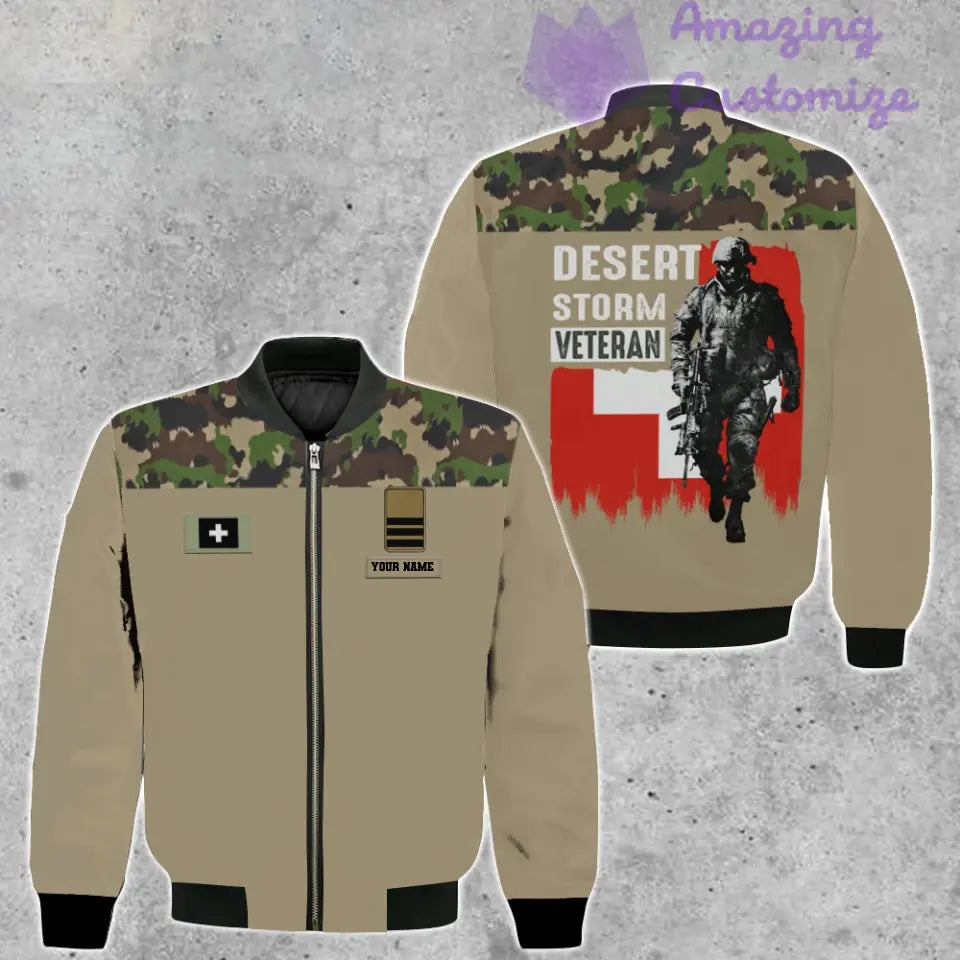 Personalisierte Bomberjacke mit Schweizer Soldaten-/Veteranen-Tarnmuster und Namen und Rang, 3D-Druck – 2106230004