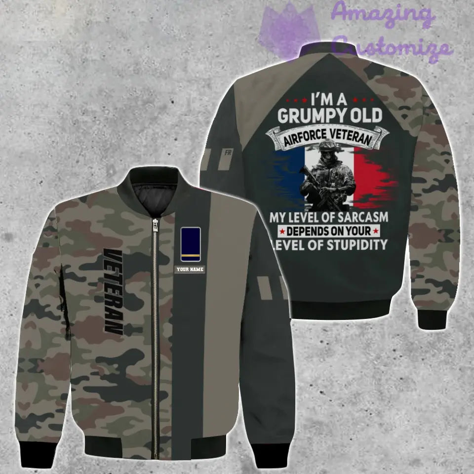 Personalisierte Bomberjacke mit Camouflage-Muster für französische Soldaten/Veteranen mit Namen und Rang, 3D-Druck – 1007230002