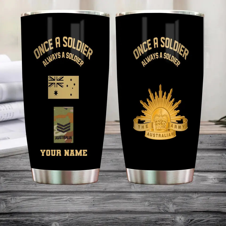 Personalized Australian Veteran/ Soldier With Rank And Name Camo Tumbler Gold Flag - 0302240007