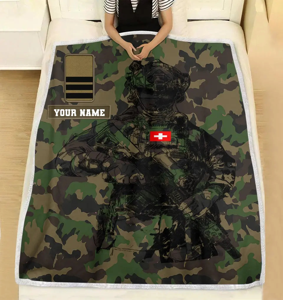 Couverture polaire personnalisée avec camouflage soldat suisse/vétéran avec nom et grade, imprimée en 3D - 0608230001