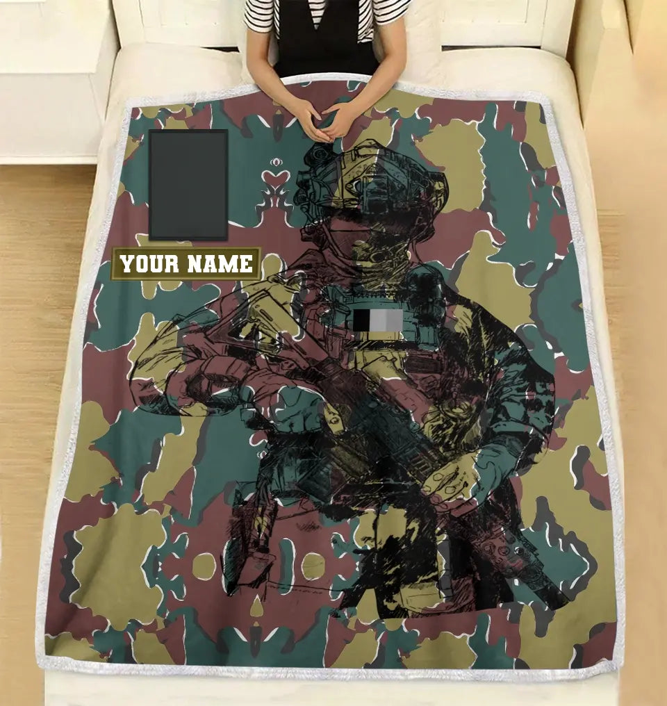 Personalisierte belgische Fleecedecke mit Camouflage-Muster für Soldaten/Veteranen mit Namen und Rang, 3D-Druck – 0608230001