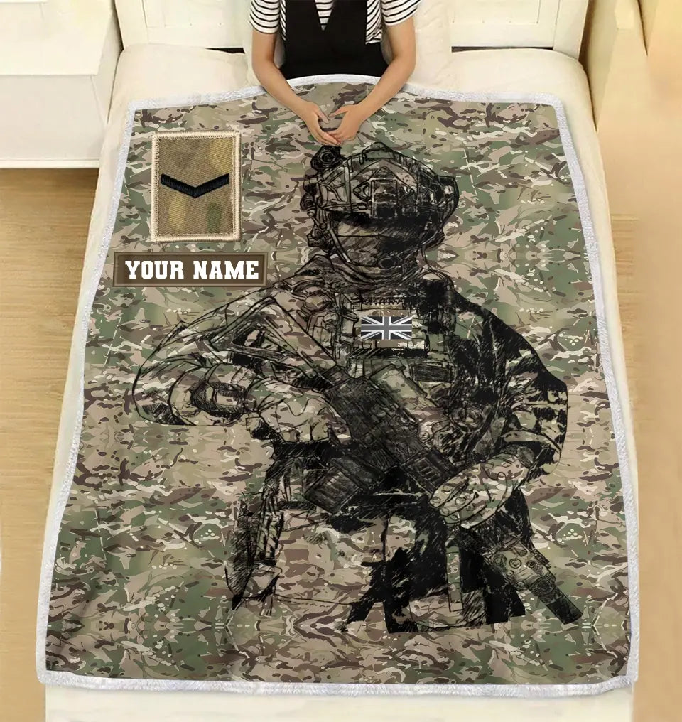 Personalisierte Fleecedecke für britische Soldaten/Veteranen im Camouflage-Muster mit Namen und Rang, 3D-Druck – 0608230001