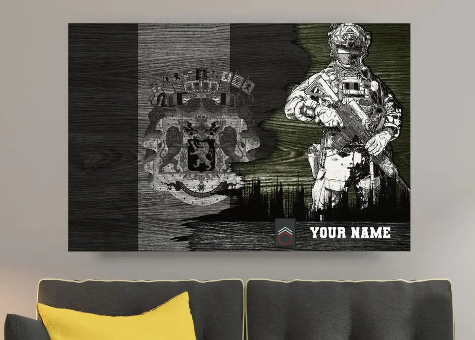 Personalisierter belgischer Soldat/Veteranen-Tarnung mit Namen und Rang auf Leinwand, 3D-Druck