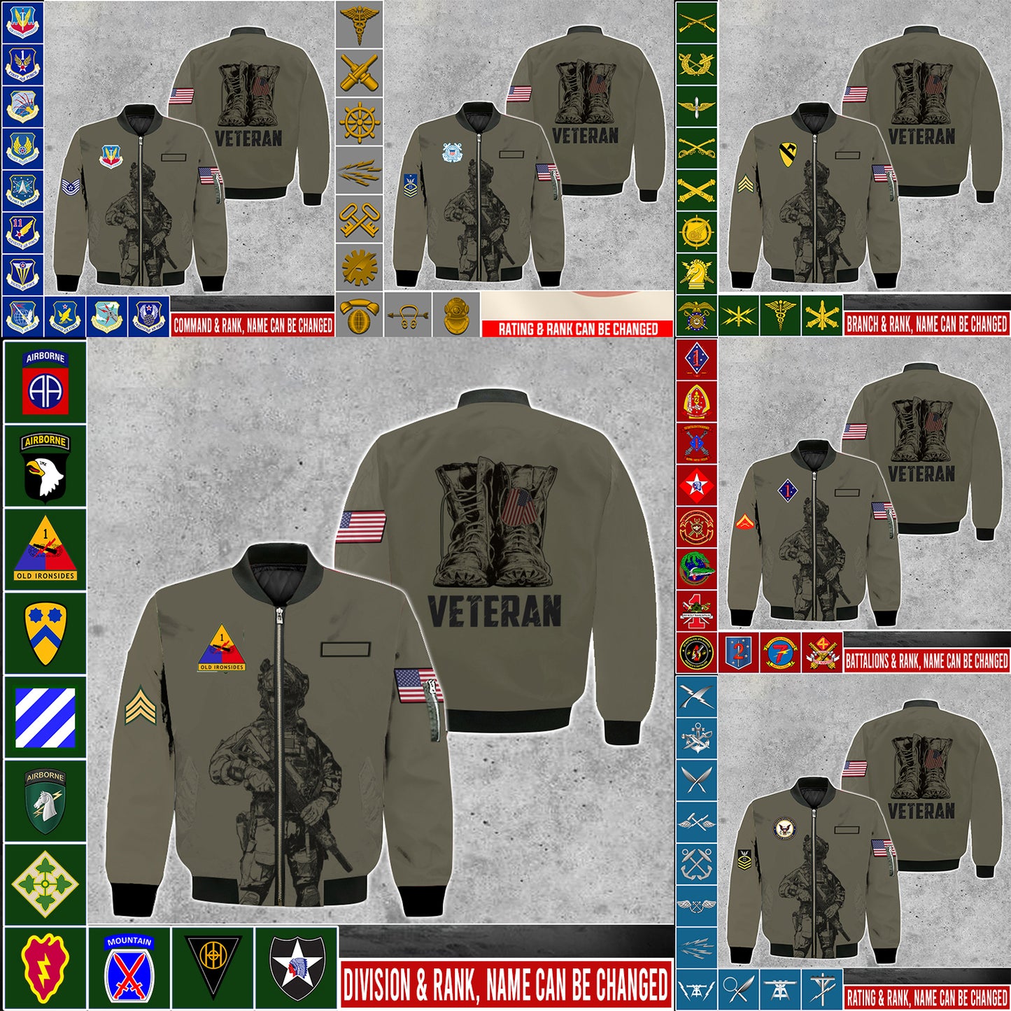 Personalisierte Bomberjacke für US-Soldaten/Veteranen im Camouflage-Muster mit Namen und Rang, 3D-Druck – 2001230001